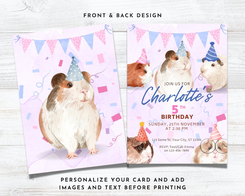 Guinea Pig Party Birthday Invitation Cavy Birthday Invite Guinea Pig