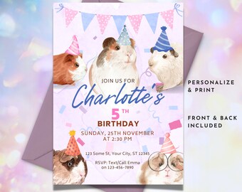 Guinea Pig Birthday Invitation Template Floral Birthday - Etsy
