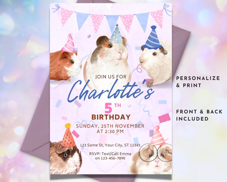 Guinea Pig Party Birthday Invitation Cavy Birthday Invite Guinea Pig
