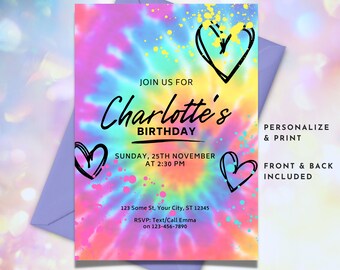 Editable Tie Dye Birthday Invitation Template Printable - Etsy