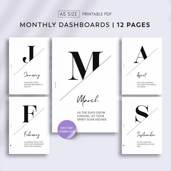 Monthly A5 Dashboard Printable, Monthly Planner Dividers,  Planner Dashboard Insert, Digital Download, Minimalist, Motivational Quotes