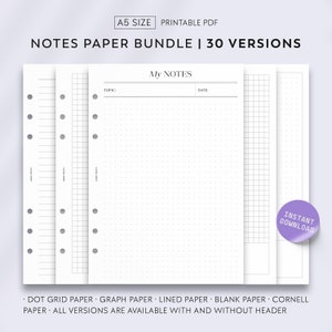 Printable Notes Paper Dot Grid Paper Lined Paper Graph Paper Notebook Journal Dotted Cornell Notes A5 PDF Printable Planner Inserts Note