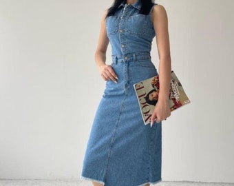 Short Denim Dress with Straps Retro Denim Dress Blue Jean Dress Denim Street Style Dress Slip Dress