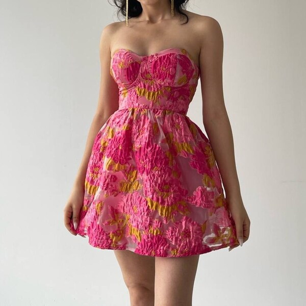 Pink Floral Ball Gown - A-Line Skirt Dress with 3D Flowers Appliques - Prom or Party Dress