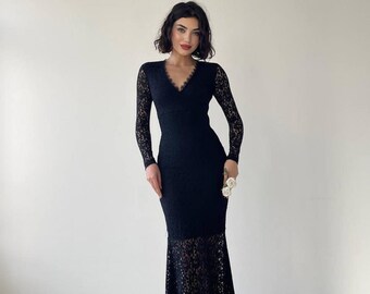 Elegant Black Lace Prom Dress Long Wedding Dinner Evening Dress Party Dress Wedding Guest Dress Cocktail Midi Dress Formal Slip Dress