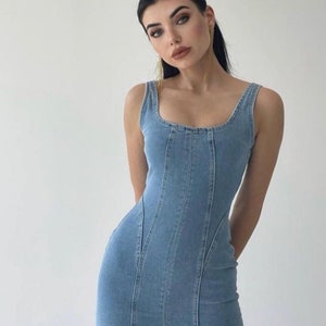 Short Denim Dress with Straps Retro Denim Dress Blue Jean Dress Denim Street Style Dress Slip Dress image 7