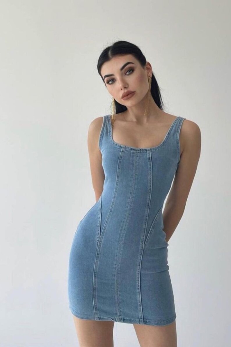 Short Denim Dress with Straps Retro Denim Dress Blue Jean Dress Denim Street Style Dress Slip Dress image 7