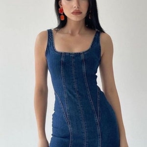 Short Denim Dress with Straps Retro Denim Dress Blue Jean Dress Denim Street Style Dress Slip Dress image 1