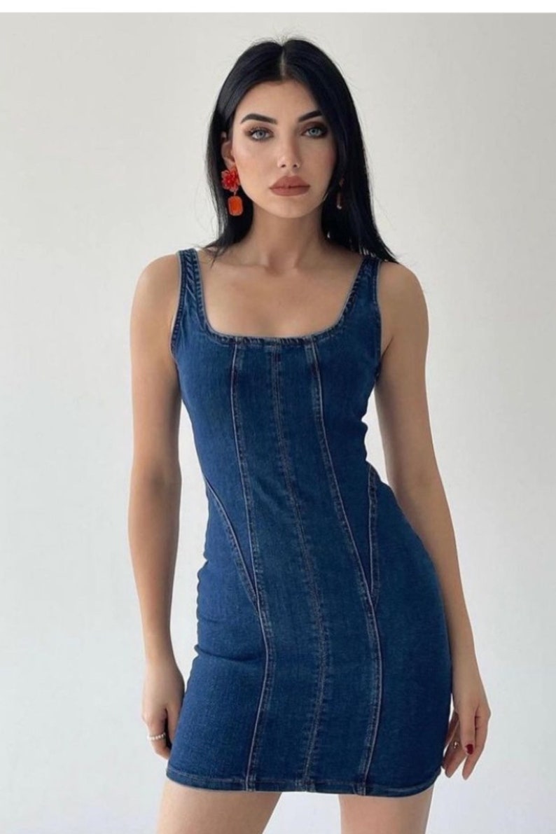 Short Denim Dress with Straps Retro Denim Dress Blue Jean Dress Denim Street Style Dress Slip Dress image 1