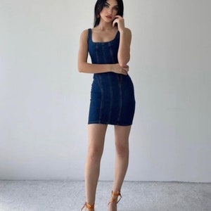 Short Denim Dress with Straps Retro Denim Dress Blue Jean Dress Denim Street Style Dress Slip Dress image 5