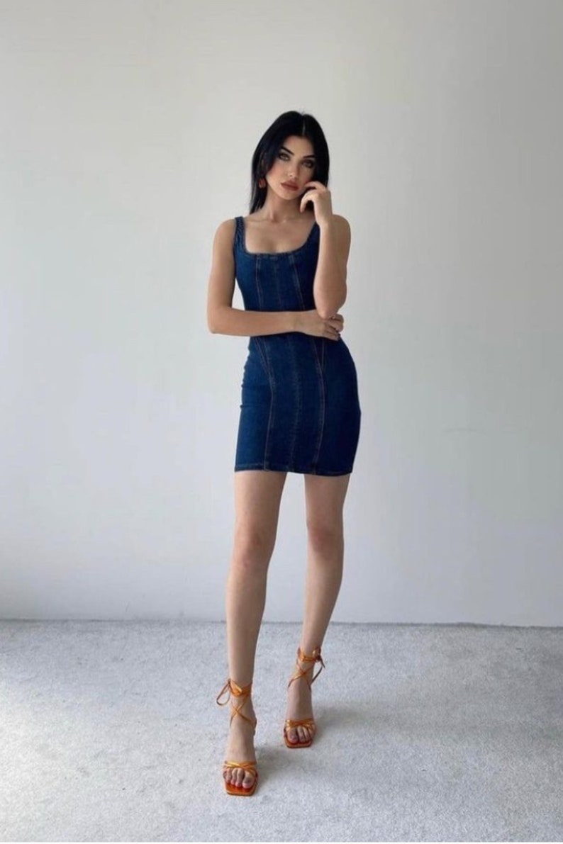 Short Denim Dress with Straps Retro Denim Dress Blue Jean Dress Denim Street Style Dress Slip Dress image 5