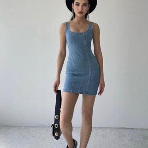 Short Denim Dress with Straps Retro Denim Dress Blue Jean Dress Denim Street Style Dress Slip Dress image 6
