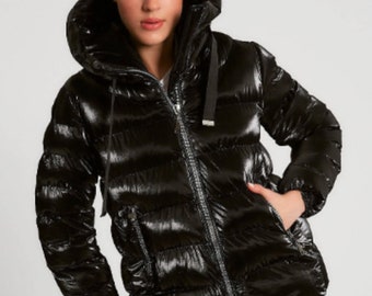 Black Puffer Hooded Coat Women Winter Coat Warm Winter Coat Quilt Coat Zip Up Jacket Rain Jacket Bomber Jacket Varsity Jacket Y2K Jacket