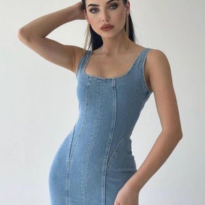 Short Denim Dress with Straps Retro Denim Dress Blue Jean Dress Denim Street Style Dress Slip Dress image 8