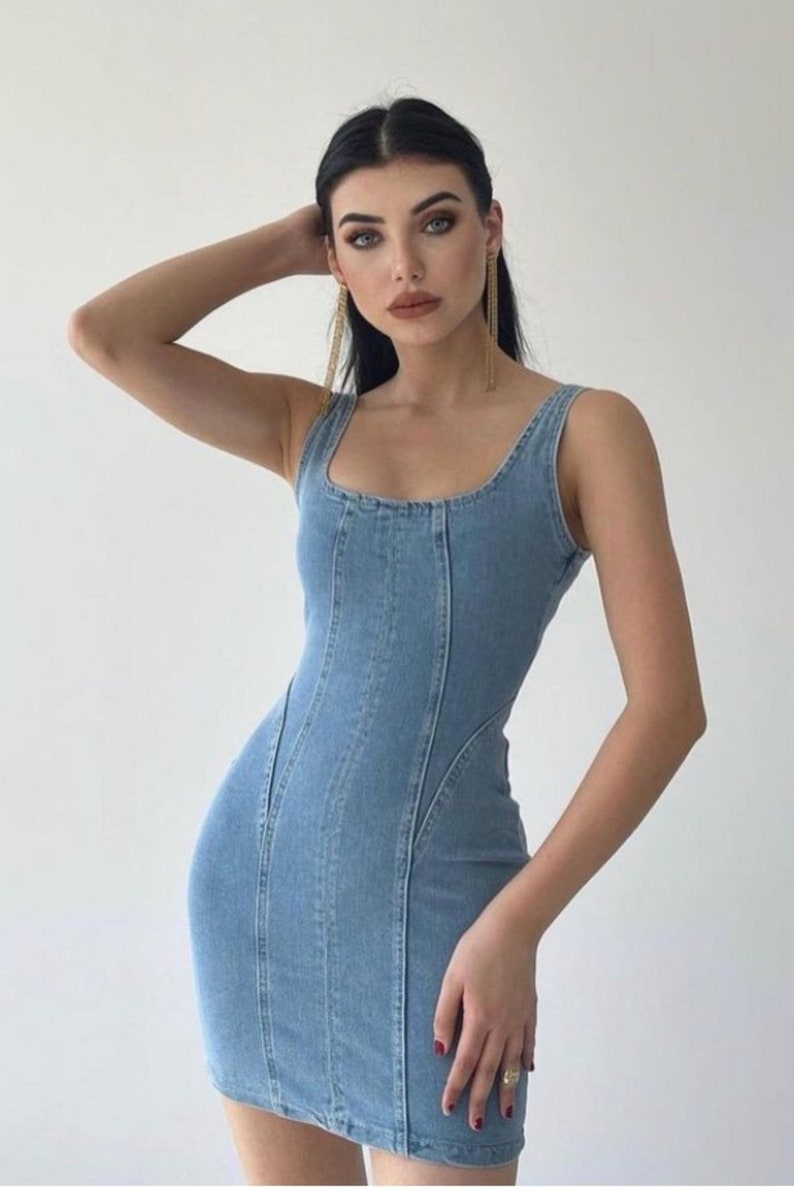 Short Denim Dress with Straps Retro Denim Dress Blue Jean Dress Denim Street Style Dress Slip Dress image 8