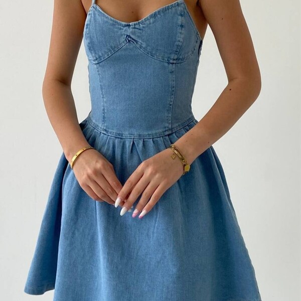 Retro Denim Dress Blue Jean Dress Denim Street Style Dress Short Denim Dress with Straps