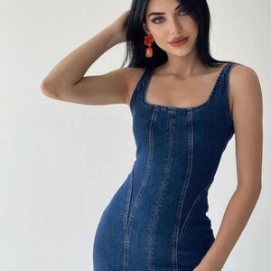 Short Denim Dress with Straps Retro Denim Dress Blue Jean Dress Denim Street Style Dress Slip Dress image 2