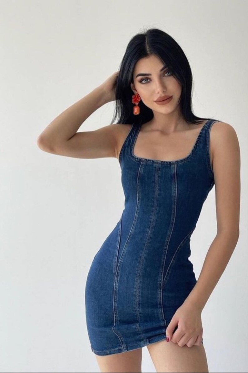 Short Denim Dress with Straps Retro Denim Dress Blue Jean Dress Denim Street Style Dress Slip Dress image 2