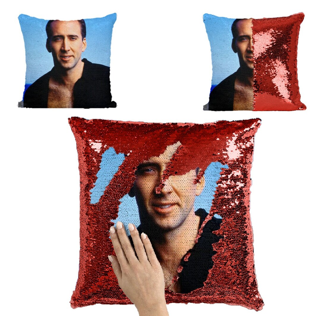 Nicolas Cage Sequin Pillow, Nicolas Cage Home Decor, Nicolas Cage Merch