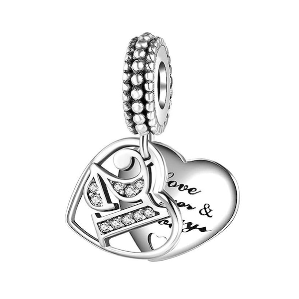 21 Jahre alt Charme Zwanzig Erste Liebe für immer und immer Liebe Herz Geburtstag Jahrestag Pandora Fit Charm Sterling Silber 925 Baumeln Mama