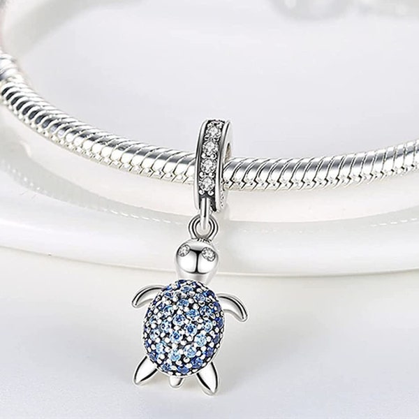 Charme de tortue de mer, amoureux des animaux de tortue de mer en cristal bleu, charme de perles en argent sterling 925, adapté au bracelet de marque et européen