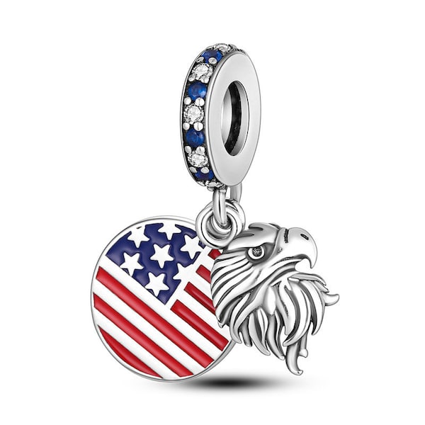 Breloque aigle américain étoiles rayures USA pendentif bracelet à breloques compatible en argent sterling 925 perles pendantes maman maman soeur femme fille