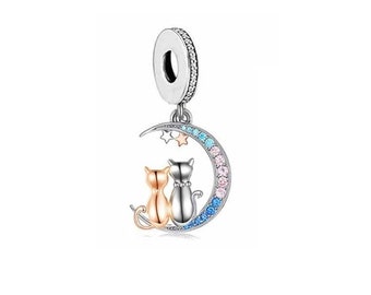 Silver And Rose Gold Cats On The Moon Stars Charm Pandora Bracelet Fit Charm Mum Mom Wife Couple Charm Gift Sterling Silver 925 Bead