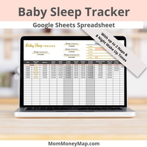 May include: A laptop computer screen displaying a Google Sheets spreadsheet titled "Baby Sleep Tracker". The spreadsheet is designed to track a baby's sleep schedule, including wake-up times, nap times, and bedtime. The spreadsheet also includes a section for tracking the baby's total sleep time and average sleep times.