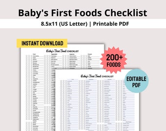 赤ちゃんの初めての食べ物チェックリスト（印刷可能なPDF）、離乳食トラッカー、赤ちゃんの初めての食べ物リスト、固形食トラッカー、離乳食チャート、赤ちゃん主導の離乳