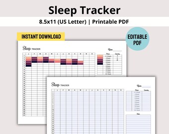 Op de afbeelding: Printbare slaaptracker in PDF-formaat. De tracker heeft een raster voor elke maand van het jaar en een kleurgecodeerde sleutel voor het bijhouden van slaapuren. De tracker is 8,5 x 11 inch.