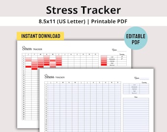 Redigerbar stressmätare utskrivbar PDF, lindringverktyg, daglig välbefinnandelogg, mall för emotionell reglering