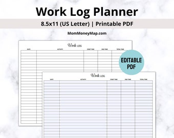 Registro de trabajo horizontal imprimible en PDF para seguimiento del tiempo de las tareas, hojas de horas, horas de trabajo, control horario y tarjetas de tiempo (descarga digital)
