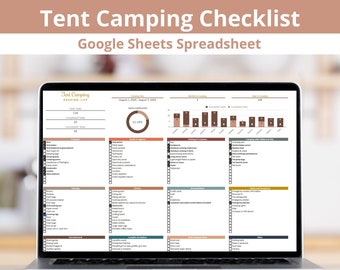 Lista de verificación para acampar en tienda de campaña (Hoja de cálculo de Google), lista de equipaje para acampar, plantilla de lista de verificación de elementos esenciales para acampar, lista de verificación para acampar en familia