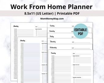 Work From Home Planner Printable PDF, Remote Work Planner, Home Work Organizer, Work From Home Schedule, Work At Home Time Tracker, WFH Plan
