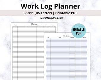 Registro de trabajo imprimible en PDF para seguimiento de tareas y tiempo, horas de trabajo, registros de proyectos y actividades laborales diarias (descarga digital)