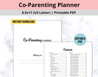 Könnte beinhalten: Ein druckbarer Co-Parenting-Planer in Schwarzweiß. Der Planer enthält Abschnitte für Referenz, Gesundheit, Kommunikation, Besuche, Rechtliches und mehr. Das Cover des Planers lautet "Co-Parenting Planner" und "Belongs to".