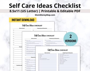 Self Care Ideas Checklist Printable PDF, Self Care and Mental Wellness Check Guide, Self Care Ideas Guide, Self Care Daily Checklist PDF
