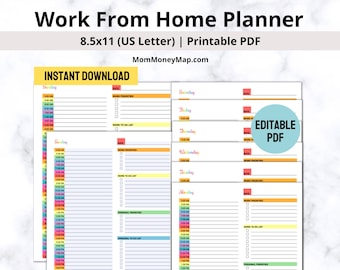 Multi-Color Work From Home Planner Printable PDF, Remote Work Planner, Home Work Organizer,Work From Home Schedule,Work At Home Time Tracker