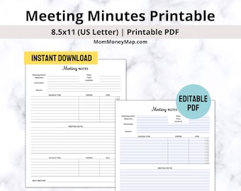 Meeting-Protkoll druckbare PDF, bearbeitbare Agenda und Minuten, Meeting-Notizen druckbar, Meeting-Paket-Vorlage, Meeting-Agenda druckbar
