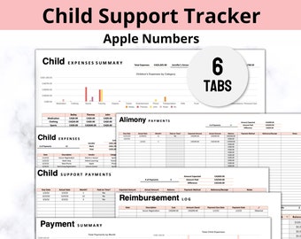 Könnte beinhalten: Eine druckbare Kinderbetreuung-Tracker-Tabelle mit sechs Registerkarten: Zusammenfassung der Kinderkosten, Unterhaltszahlungen, Kinderkosten, Kinderbetreuungskosten, Rückerstattungsprotokoll und Zahlungsübersicht. Die Tabelle enthält Diagramme und Tabellen, um Ausgaben, Zahlungen und Salden zu verfolgen.