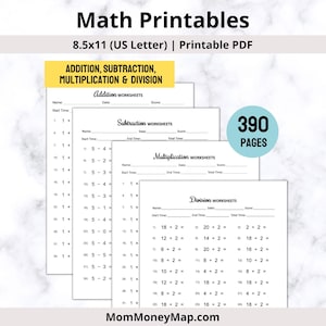 Puede incluir: Imprimibles de matemáticas en formato PDF. La imagen muestra una colección de hojas de trabajo para la suma, la resta, la multiplicación y la división. Las hojas de trabajo están diseñadas para papel A4 e incluyen 390 páginas. El sitio web MomMoneyMap.com también es visible.
