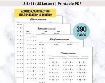 Mathe-Arbeitsblätter zum Ausdrucken, Addition, Subtraktion, Multiplikation & Division, Matheübungen für den Heimunterricht (Digitales PDF)