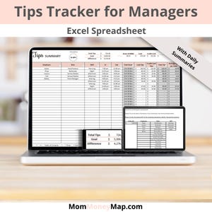 May include: A laptop computer displaying a spreadsheet titled "Tips Tracker for Managers" with a summary of tips earned by employees. The spreadsheet includes columns for employee name, role, shift, hours worked, cash tips, credit card tips, and total tips. The spreadsheet also includes a summary of total tips, goal, and difference. The laptop is on a wooden table.