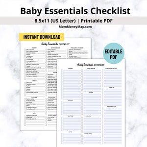 May include: A printable checklist for baby essentials, with categories for nursery, diaper changes, strollers and car seats, feeding, sleeping, clothing, mom, and everything else. The checklist is in a black and white design with checkboxes for each item.