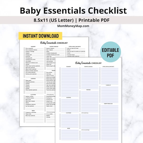 Baby Essentials checklist afdrukbare PDF, checklist voor pasgeborenen, baby must haves, nieuwe babyplanner, afdrukbare babyvoorbereiding, checklist voor de kinderkamer