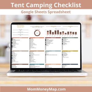 May include: A laptop screen displaying a Google Sheets spreadsheet titled "Tent Camping Checklist". The spreadsheet is divided into sections for camping gear, clothing, food, and other essentials. The spreadsheet also includes a progress bar showing the percentage of tasks completed.