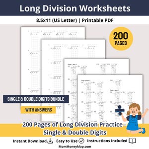 May include: A stack of printable long division worksheets. The worksheets are A4 size and include single and double-digit problems with answers. The bundle contains 200 pages of practice problems. The image also includes the text "Long Division Worksheets".