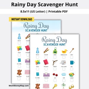 以下が含まれることがあります： 「雨の日の宝探し」の印刷可能なシートが2枚。ボトル、クレヨン、パズル、ノート、テディベアなどのアイテムのイラストが含まれています。「インスタントダウンロード」というテキストが黄色のボックスに入っています。