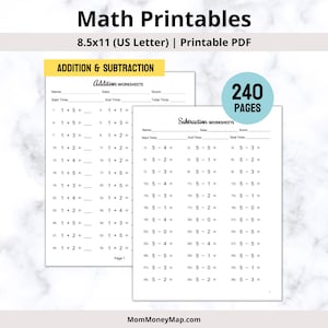 May include: Math printables in PDF format. The image shows addition and subtraction worksheets with math problems. The worksheets are 8.5x11 inches in size and include space for the student's name, date, start and end times, and score. The image also shows that there are 240 pages.