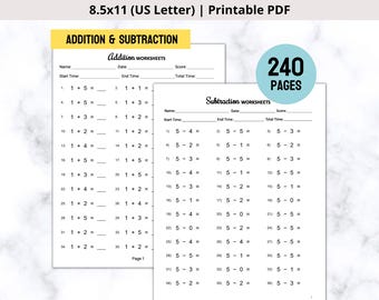 Arbeitsblätter zu Addition und Subtraktion, Übungsblätter für Mathematik in Vorschule, Kindergarten und 1. Klasse (Digitaler Download)